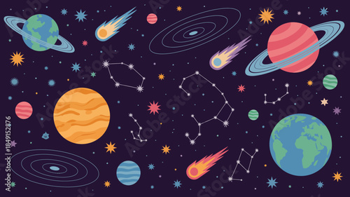 Vibrant Space Illustration with Planets, Stars, and Constellations