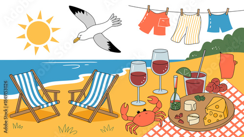 Vibrant Beach Picnic with Seagull, Wine, and Cheese on Sunny Day