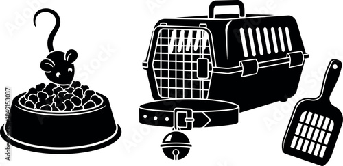 Black silhouette vector of cat food bowl with question mark and pet carrier with collar and litter scoop set