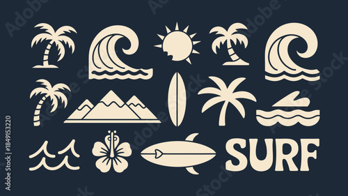 Surf Icons Set with Waves, Palm Trees, and Beach Elements