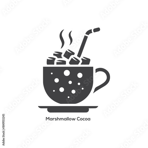 Minimal marshmallow cocoa icon with steaming mug and straw symbol for cozy winter drinks, café menu design