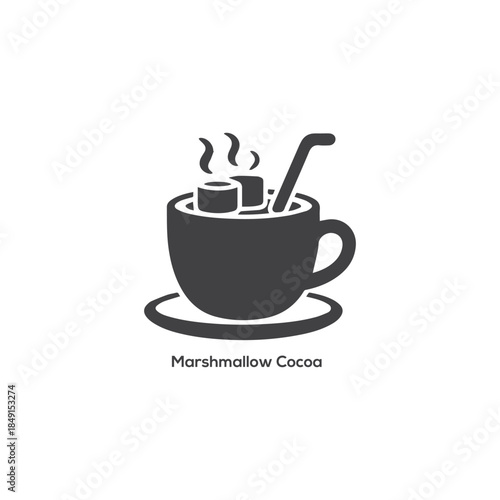 Minimal marshmallow cocoa icon with steaming mug and straw symbol for cozy winter drinks, café menu design