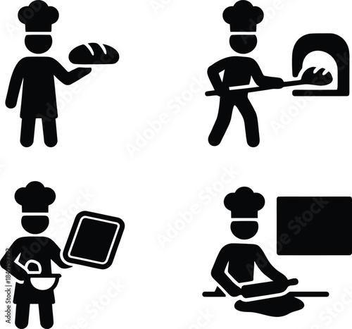 Baking icons: chef preparing dough, baking, and serving bread