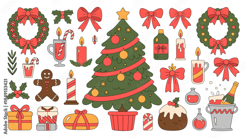 Fototapeta premium Festive Christmas Illustrations with Holiday Decorations and Treats