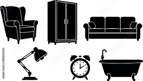 Black silhouette flat design armchair wardrobe couch desk lamp alarm clock bathtub set minimalist icon collection