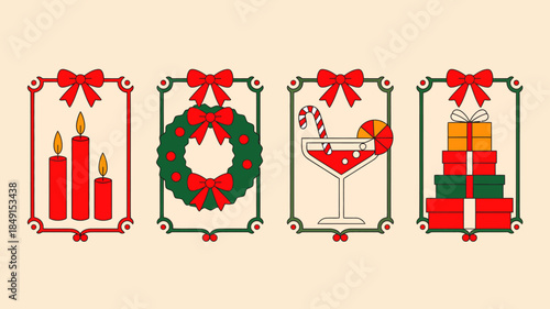 Festive Holiday Icons: Candles, Wreath, Cocktail, Gifts