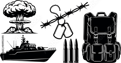 Black and white military icons set including nuclear explosion mushroom cloud warship ammunition dog tags backpack tactical gear