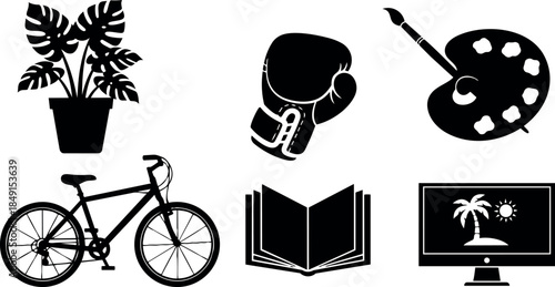 Black silhouette vector icons set with tropical plant, boxing glove, artist palette, bicycle, open book, and tropical island monitor design