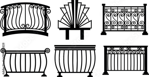 Black and white vector art set of ornamental wrought iron balcony and fence railings decorative curved designs vintage style