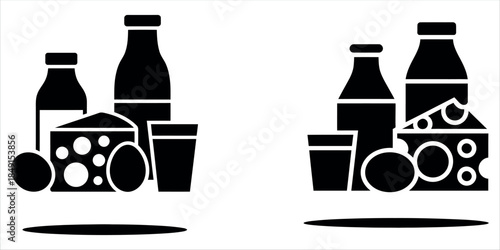 Black silhouettes of dairy products and beverages on white background.