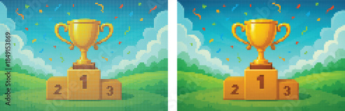 Winner Cup on Computer Game Screen: Halftone Game Background Poster