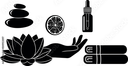 Minimalist black silhouette spa icons with lotus hand stones towels lemon slice and essential oil bottle vector design