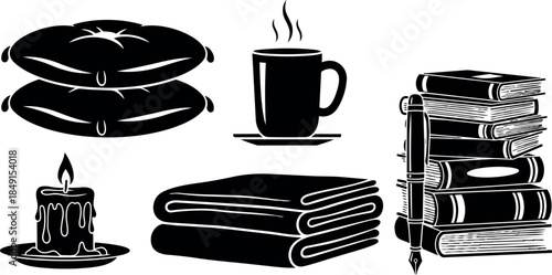 Black silhouette collection of stacked books, steaming coffee cup, folded towels, lit candle, and pillows in cozy arrangement