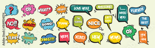 Colorful Comic Speech Bubble Stickers Set, Funny Cartoon Chat Balloons, Pop Art Dialogue Icons, Hand Drawn Text Bubbles for Social Media, Messaging, UI Design and Marketing