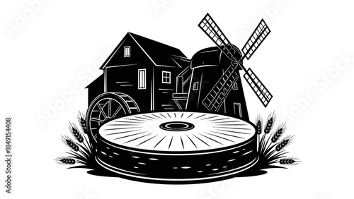 black and white illustration of a traditional windmill beside a barn with an old wooden platform