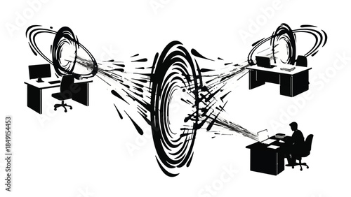 Business communication teamwork collaboration concept with two employees working on computers and one manager or leader receiving information in modern office setting