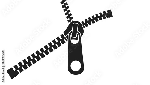 Close-up of a black zipper pull with partially opened teeth on a grey background