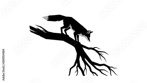 Silhouette of a curious fox perched on a tree branch with exposed roots in minimalist black and