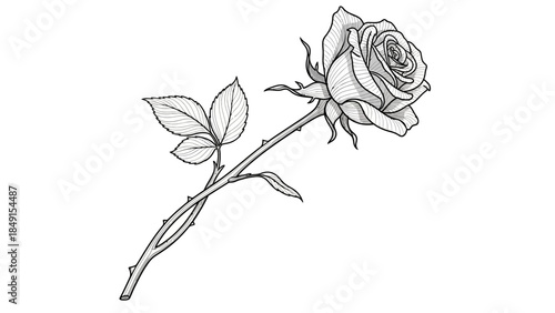 Elegant black and white outline of a detailed blooming rose with leaves and thorns