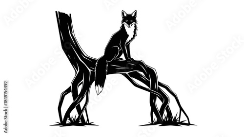 Stylized black and white illustration of a fox perched on a leafless tree branch minimalistic design