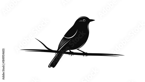 Minimalist Black Silhouette of a Bird Perched on a Thin Branch Against a White Background