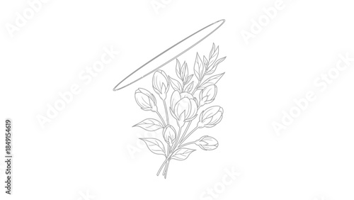 Delicate botanical sketch featuring a thin halo encircling a floral arrangement