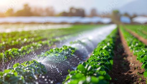 A lush green field with crops being watered by a sprinkler system, showcasing agrivoltaics and sustainable farming practices in a sunny landscape. Perfect for agriculture, renewable energy,