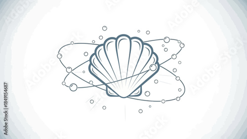 Elegant Shell with Abstract Floating Elements and Orbital Lines in Soft Gradient Background
