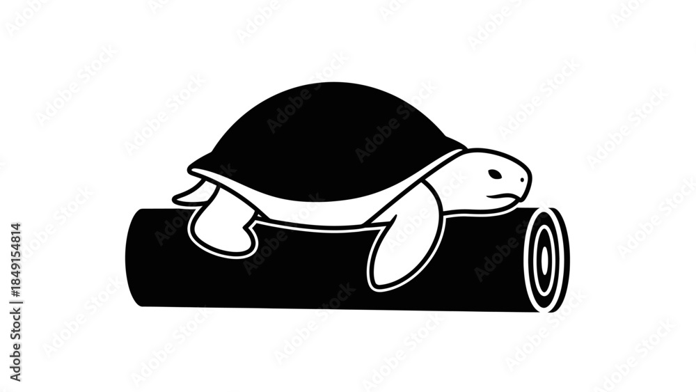 Fototapeta premium Minimalist black and white illustration of a turtle resting on a log highlighting simplicity and