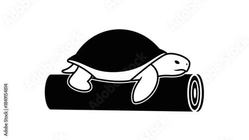 Minimalist black and white illustration of a turtle resting on a log highlighting simplicity and