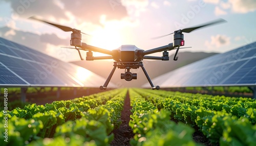 A drone flying over a lush green field with solar panels on either side, set against a sunny sky with clouds. Perfect for renewable energy, sustainable farming, and technology presentations.