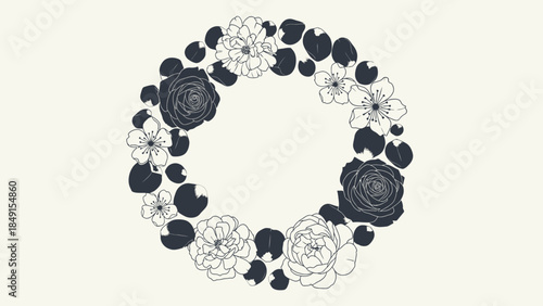 Elegant monochrome floral wreath composed of various blooming flowers and circular elements