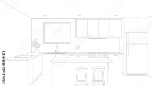 Minimalist black and white line art drawing of a modern residential kitchen interior featuring an island and appliances