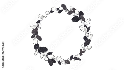 Elegant black and white floral wreath circle with delicate leaves in minimalist style suitable for