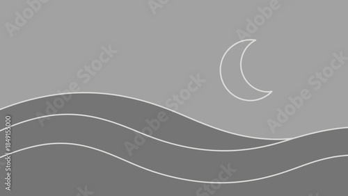 Minimalist Abstract Landscape Illustration with Wavy Lines and Crescent Moon on Gray Background
