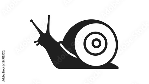 Simple black and white minimalist illustration of a snail with a coiled shell and elongated body