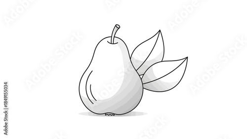 Minimalist Illustration of a Pear with Three Leafy Foliage on a White Background