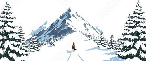 Solitary brown horse walks up a snowy mountain path lined with frosted evergreen trees toward a majestic peak