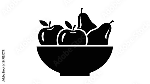 Minimalist black and white vector illustration of a fruit bowl featuring apples and pears for