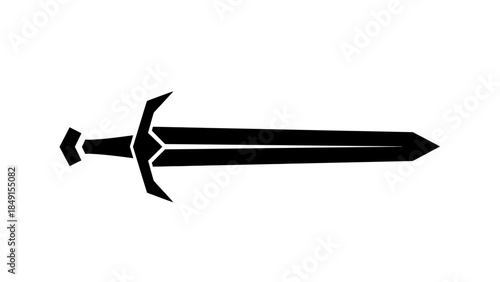 Silhouette of a medieval-style sword with a detailed hilt set against a plain background