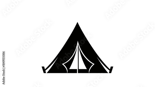 Stylized black and white camping tent icon representing outdoor adventure and exploration in
