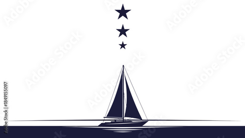 Minimalist Sailboat with Three Floating Stars above Calm Waters Illustration