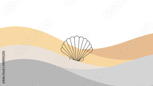 Minimalist Seashell Illustration with Soft Wave Background in Neutral Tones