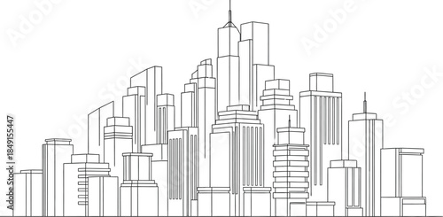 Minimalist black and white line art drawing depicting a dense modern city skyline with tall skyscrapers and subtle shadow effects