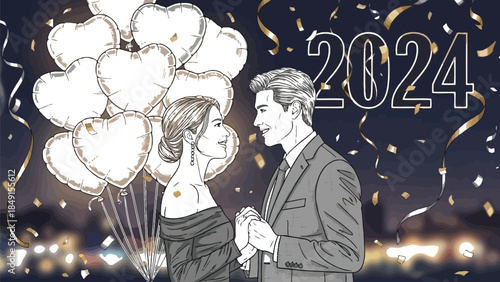 Elegant couple celebrating a romantic new year's eve event with heart balloons and falling confetti marking the arrival of 2024