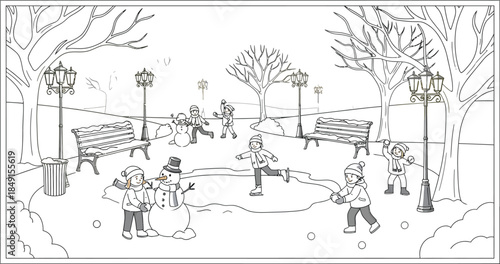 Children enjoying various winter activities like ice skating snowball fights and building snowmen in a snowy park scene