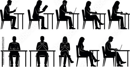Business people silhouettes set, professional office workers sitting at desks, corporate staff working on laptops, job productivity, vector.