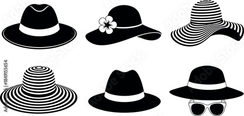 Collection of black and white women summer hat icons featuring sun hats fedoras and wide brim beach headwear accessories,