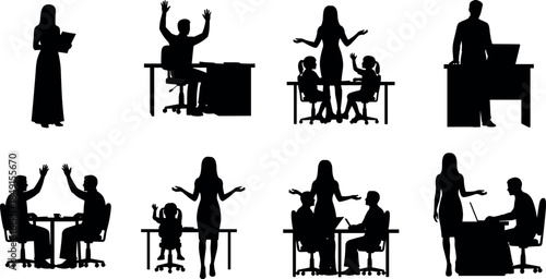 Business office silhouettes set, professional people working at desks, teacher and students in classroom, corporate meeting, job interview.