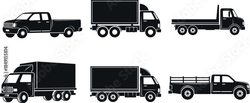 Commercial truck and pickup vehicle icon set, logistics transportation delivery silhouettes, shipping freight cargo industry, flat vector illustration.